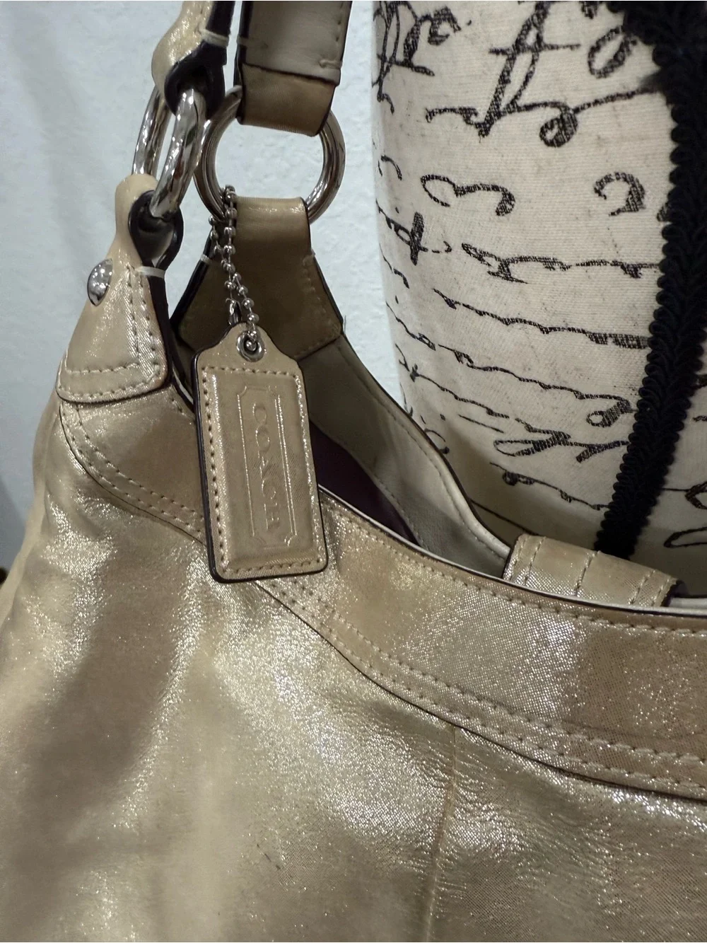 Coach Metallic Gold Leather Hobo Shoulder Bag Large Buckle Silver Hardware